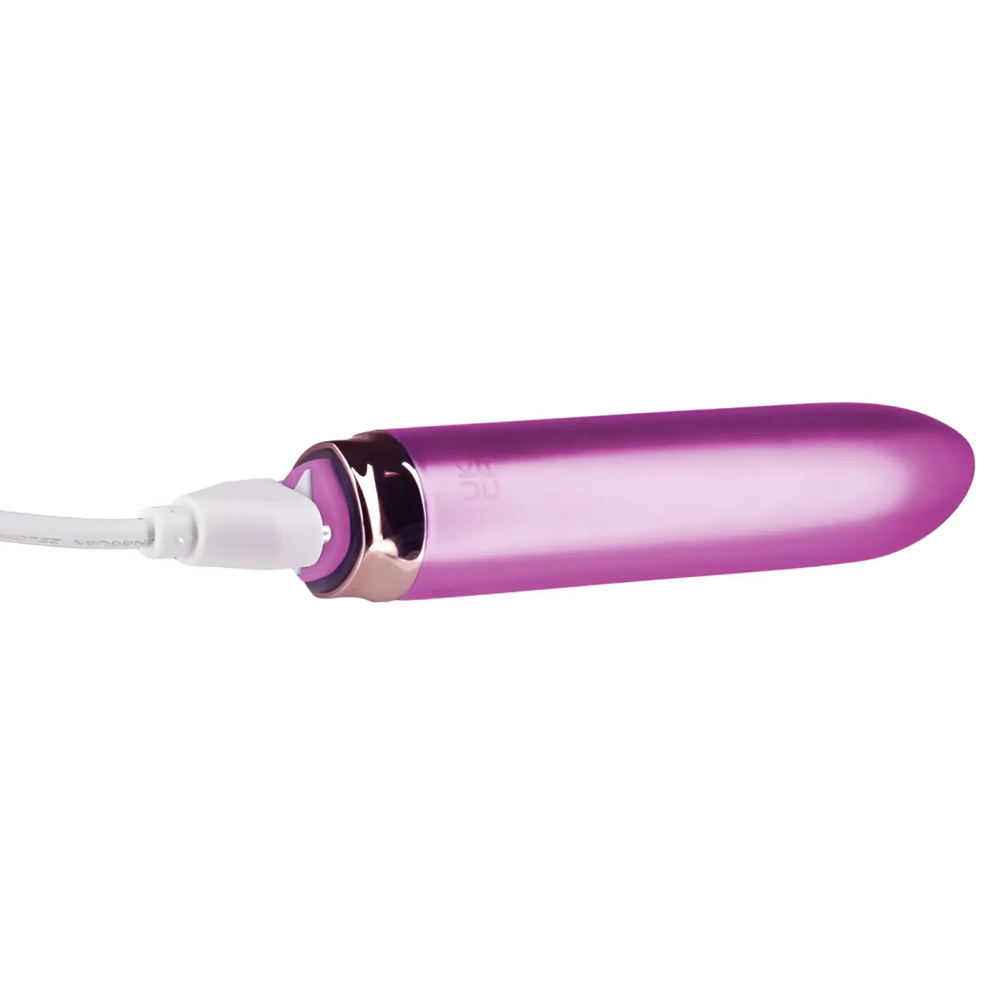 Purple metallic cylindrical vibrator with rose gold accent and white charging cable from swan maximum comfy cuff rechargeable bullet pink