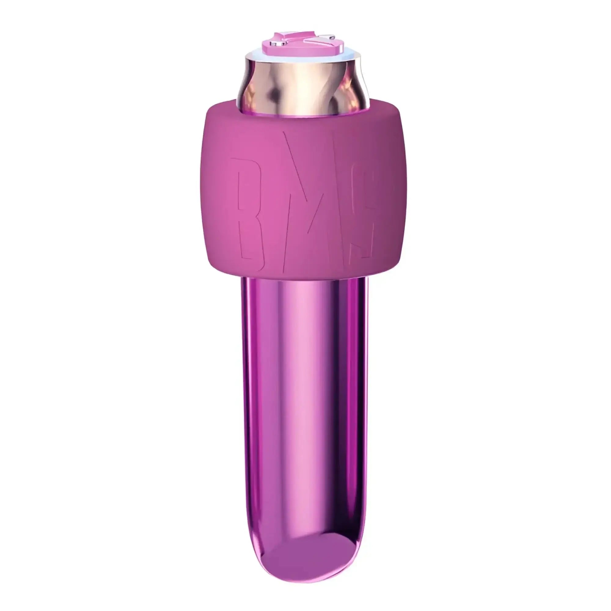 Purple metallic rechargeable bullet with matte pink silicone grip and rose gold accents for comfortable use