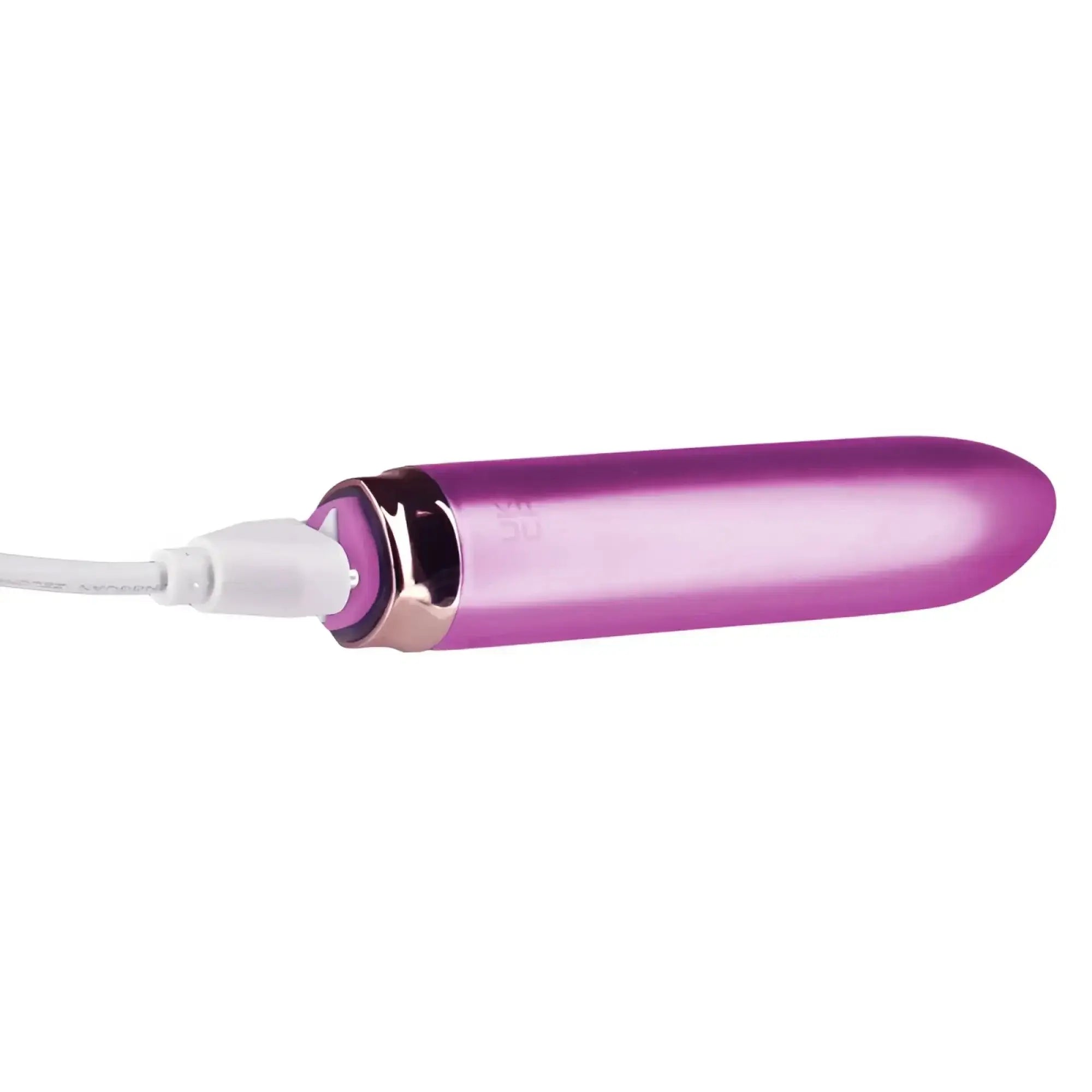Purple metallic cylindrical vibrator with rose gold accent and white charging cable from swan maximum comfy cuff