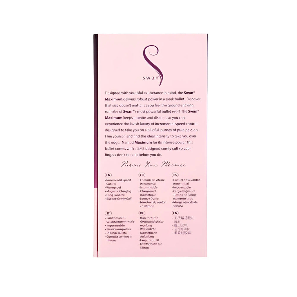 Pink rectangular packaging for swan maximum comfy cuff rechargeable bullet featuring stylized s logo and multilingual text