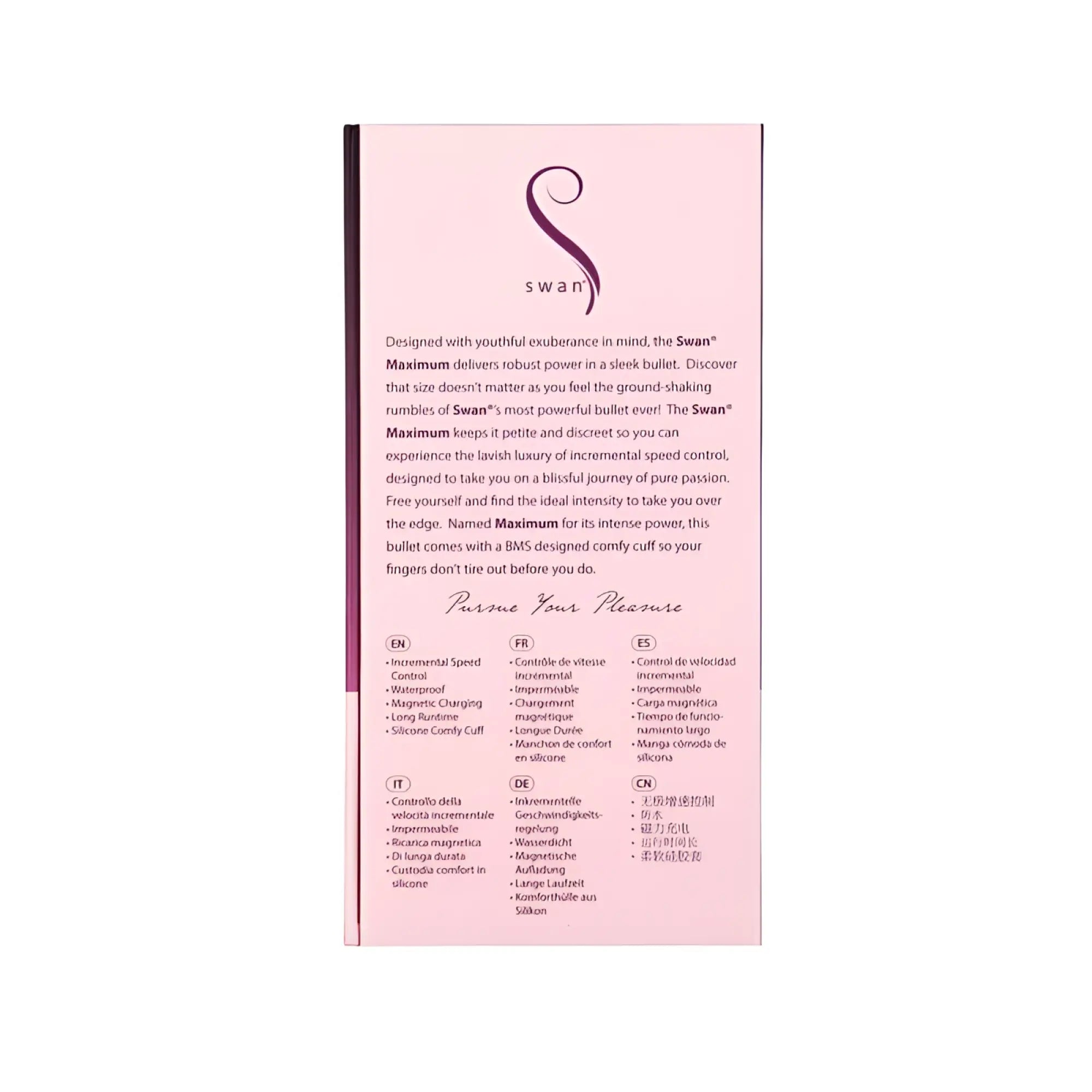 Pink rectangular packaging for swan maximum comfy cuff rechargeable bullet featuring stylized s logo and multilingual text