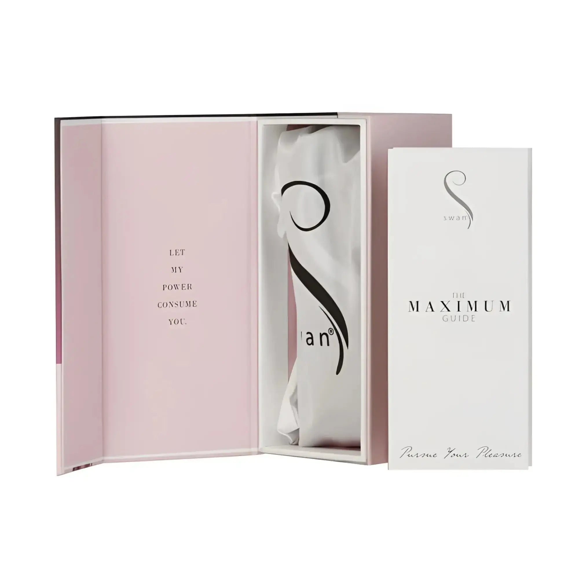 The swan maximum guide booklet in sleek white with black typography and swan logo for comfy cuff bullet pink