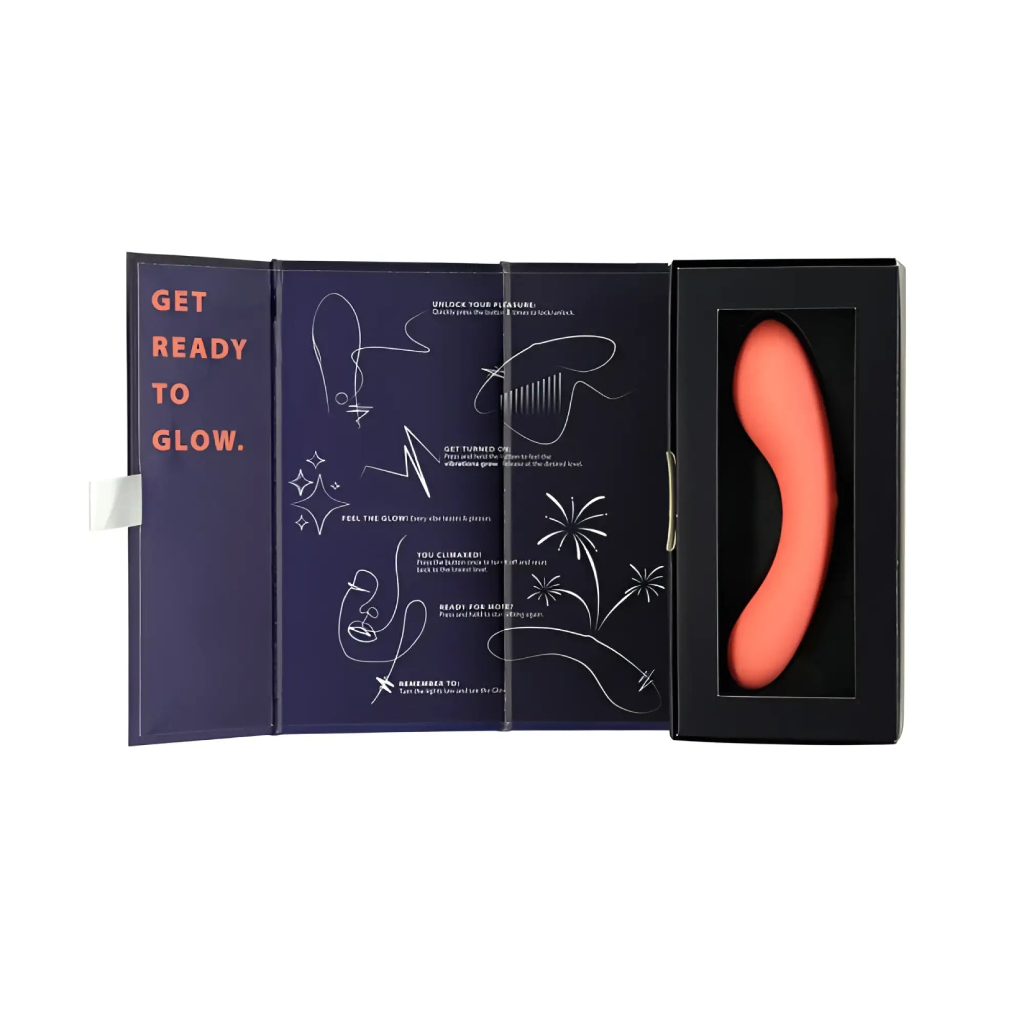 A sleek coral silicone pleasure device swan the mini swan wand glow orange in a black box with instructional diagrams