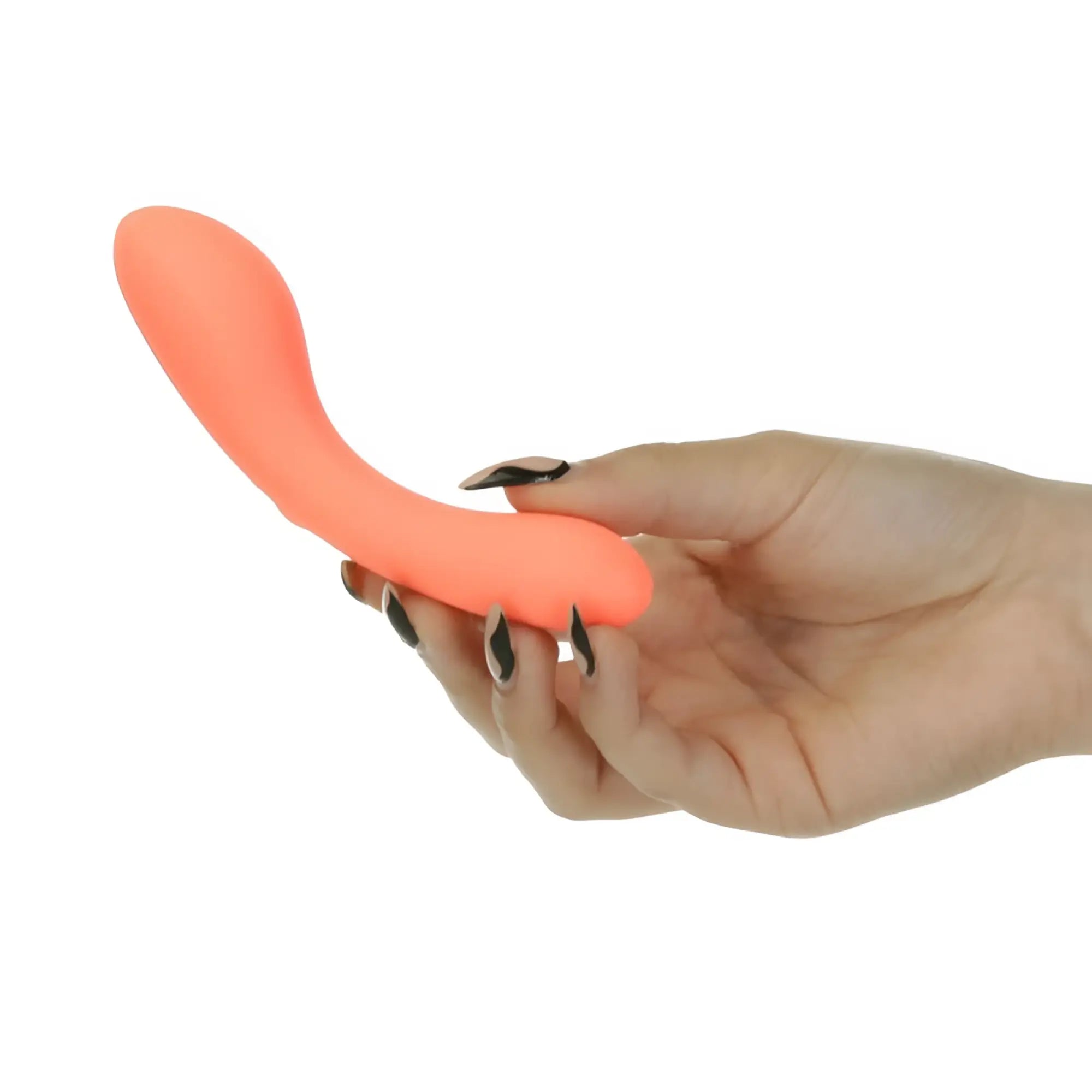 A sleek coral-colored silicone mini wand with a smooth curved design swan the mini swan wand glow orange