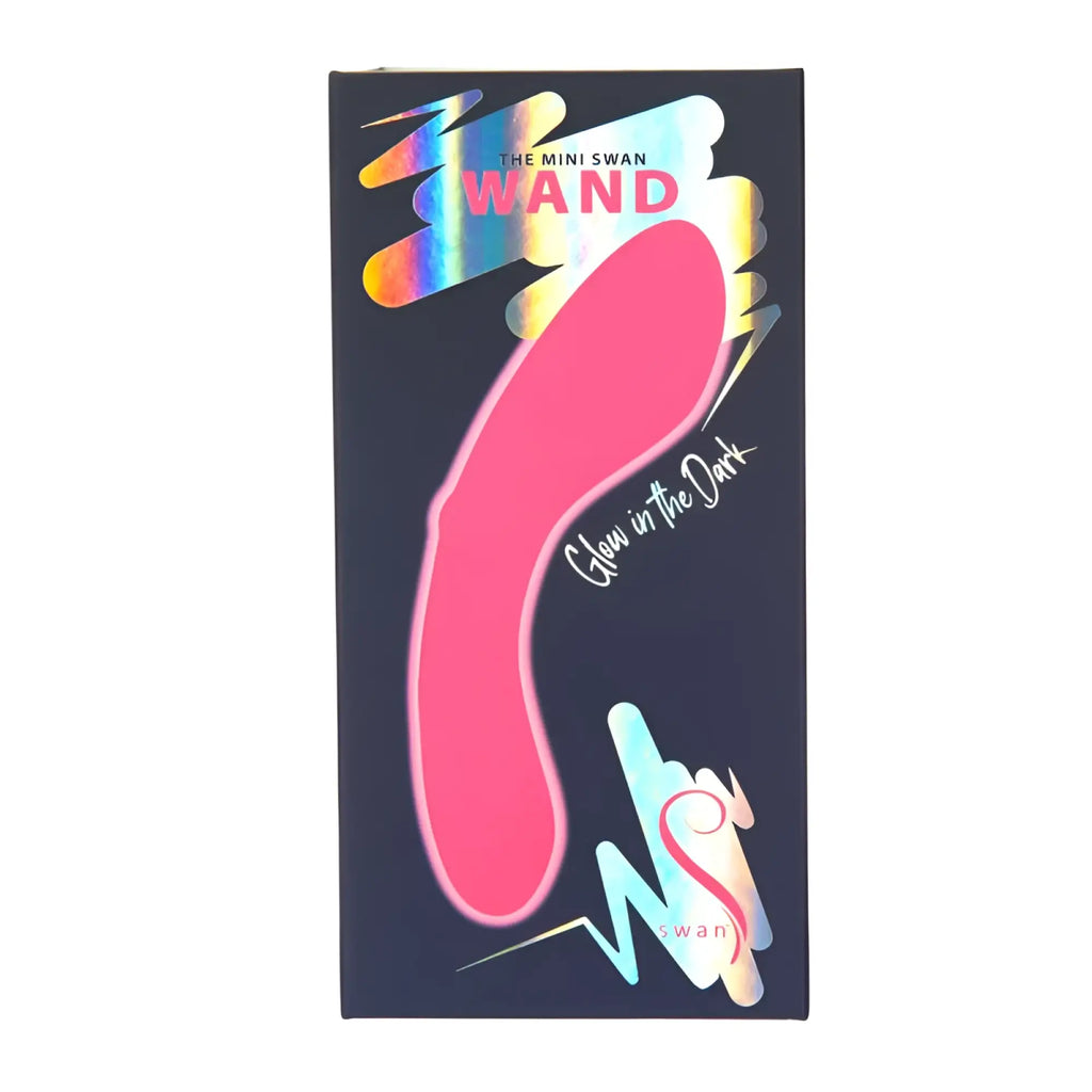Pink silicone mini swan wand with glow-in-the-dark feature packaged in a sleek black box for discreet use