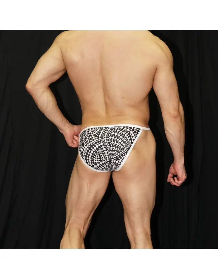 Men's black and white patterned bikini swimwear by Arroyman featuring a snug fit and low-rise design.
