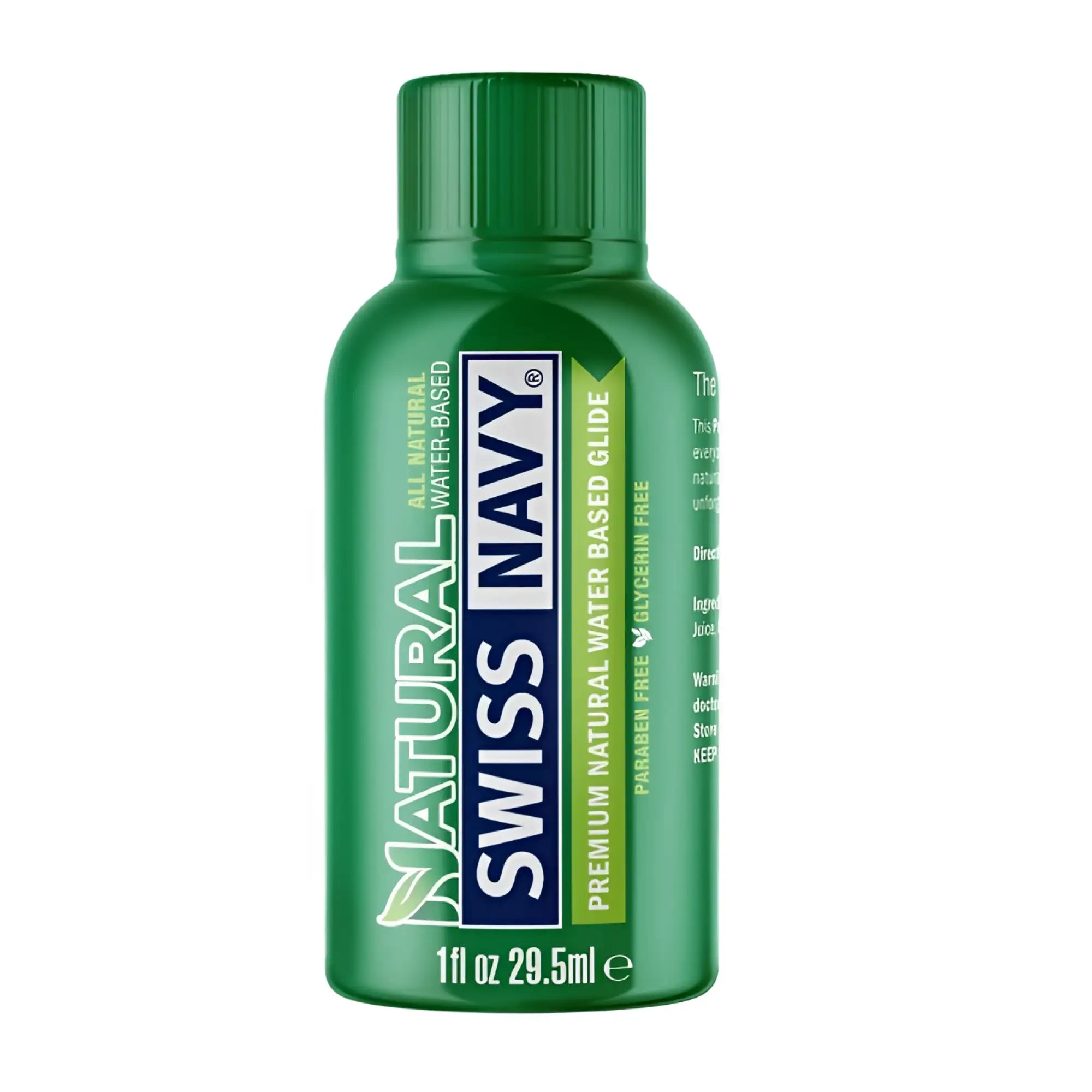 Green plastic bottle of swiss navy all natural water based glide lubricant 1oz 29ml for smooth intimate use