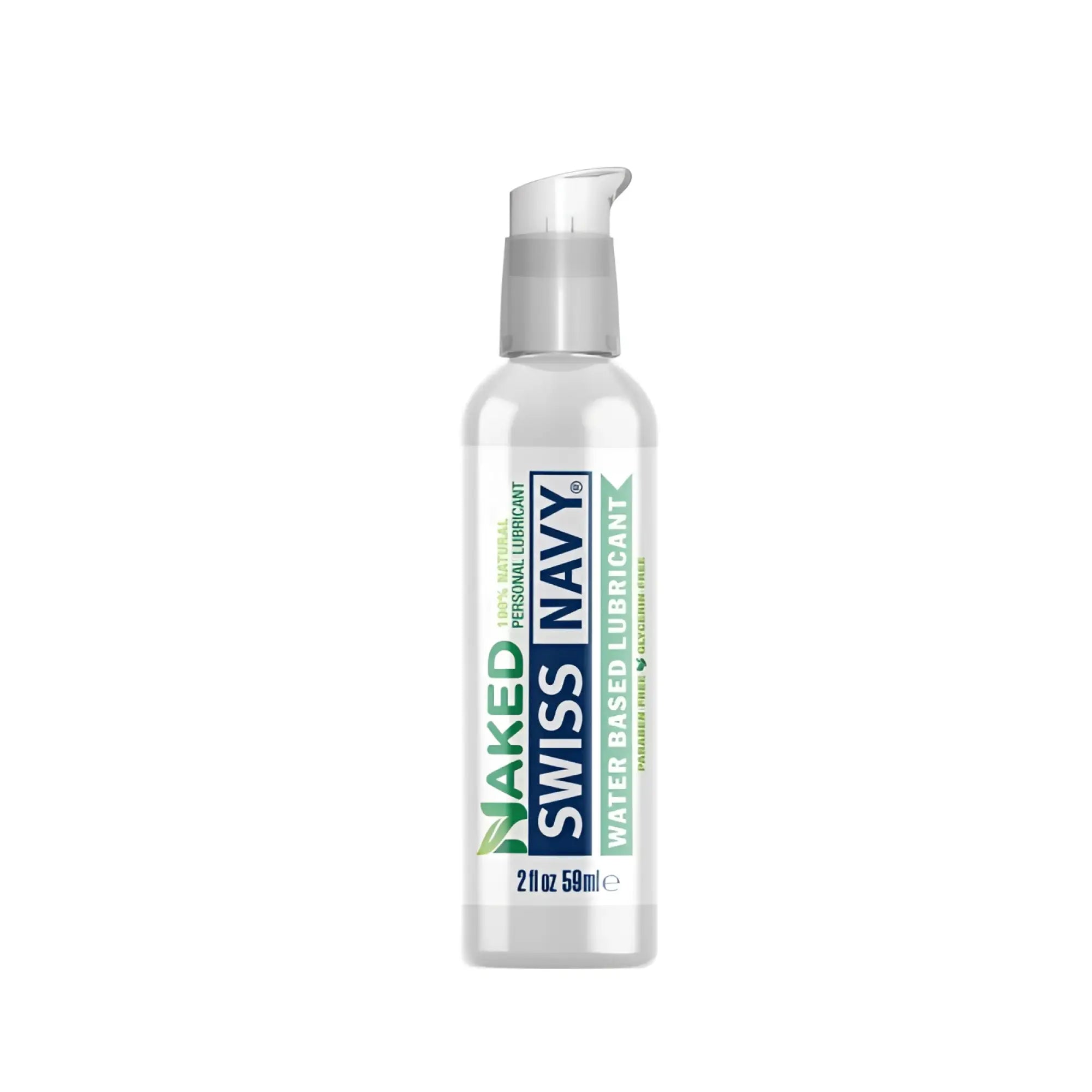 Transparent plastic bottle with clear pump labeled naked swiss navy water based lubricant for personal use