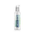 Clear plastic bottle with silver pump of Swiss Navy all natural water based lubricant 4oz labeled naked swiss navy