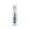 Clear plastic bottle with silver pump of Swiss Navy all natural water based lubricant 4oz labeled naked swiss navy