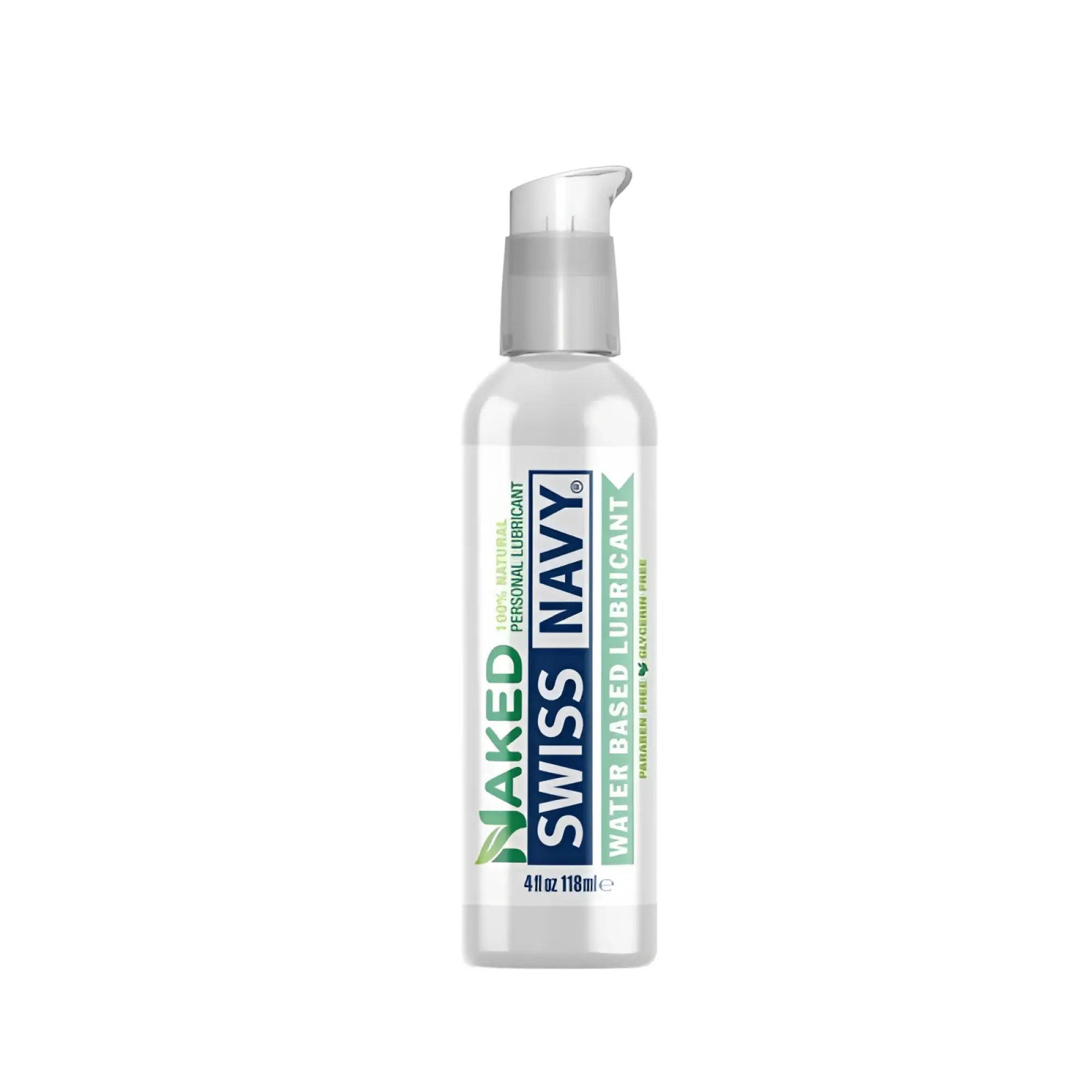 Clear plastic bottle with silver pump of Swiss Navy all natural water based lubricant 4oz labeled naked swiss navy
