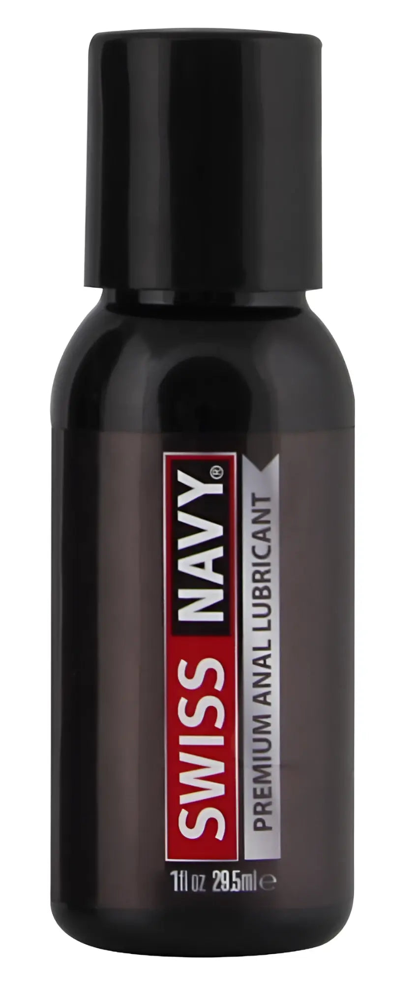 Black plastic bottle with black cap labeled swiss navy premium anal lubricant in red and white text 1oz 29ml