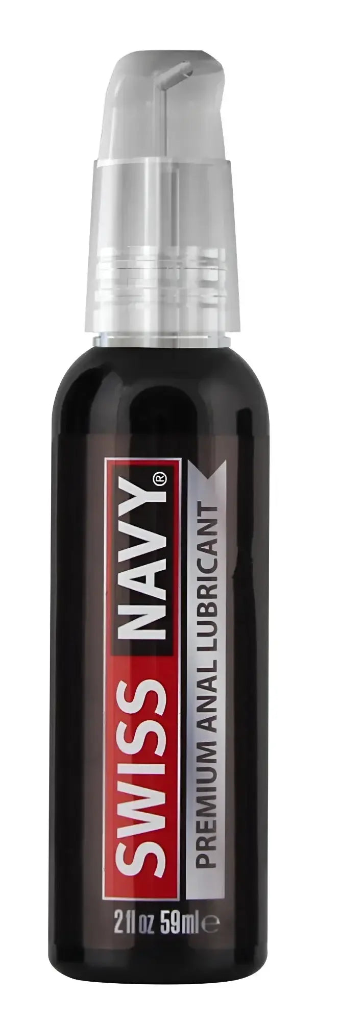 Black plastic bottle with clear pump dispenser labeled swiss navy premium anal lubricant 2oz for intimate use