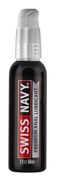 Black plastic bottle with clear pump dispenser labeled swiss navy premium anal lubricant 2oz for intimate use