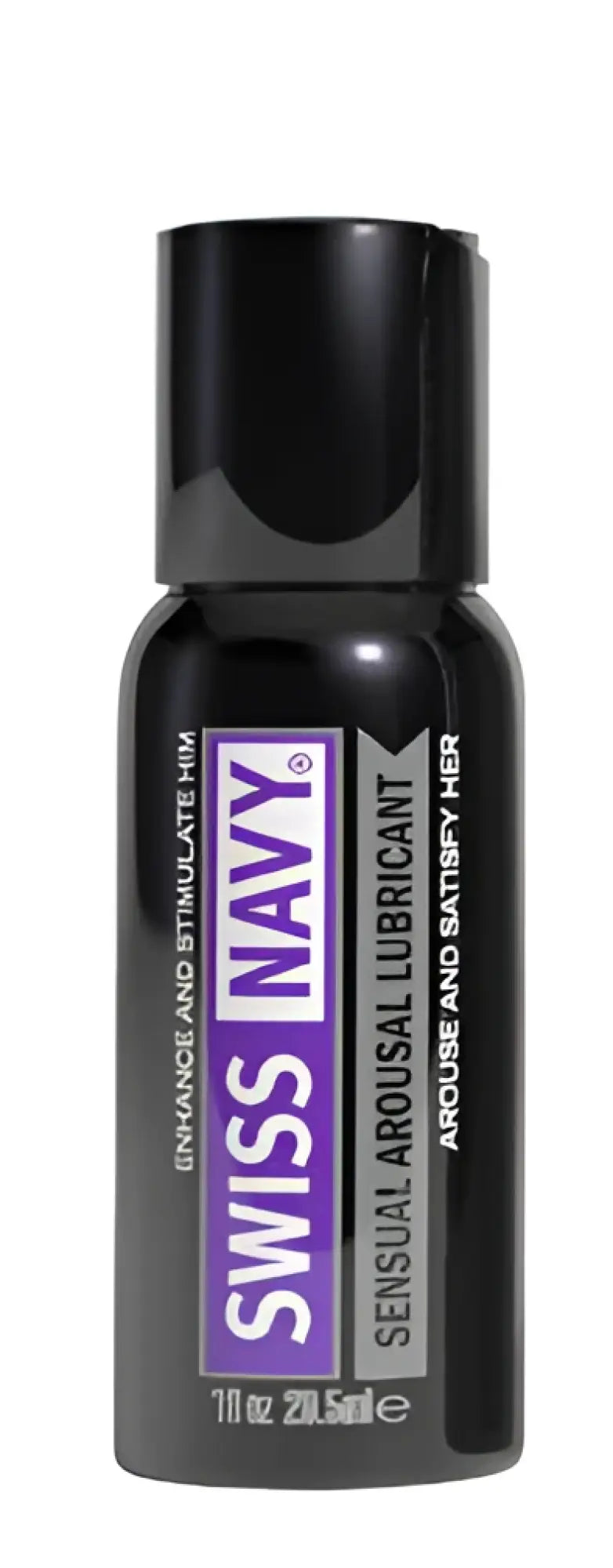 Black plastic bottle with matte finish and purple label of Swiss Navy sensual arousal lubricant gel 1oz 29ml