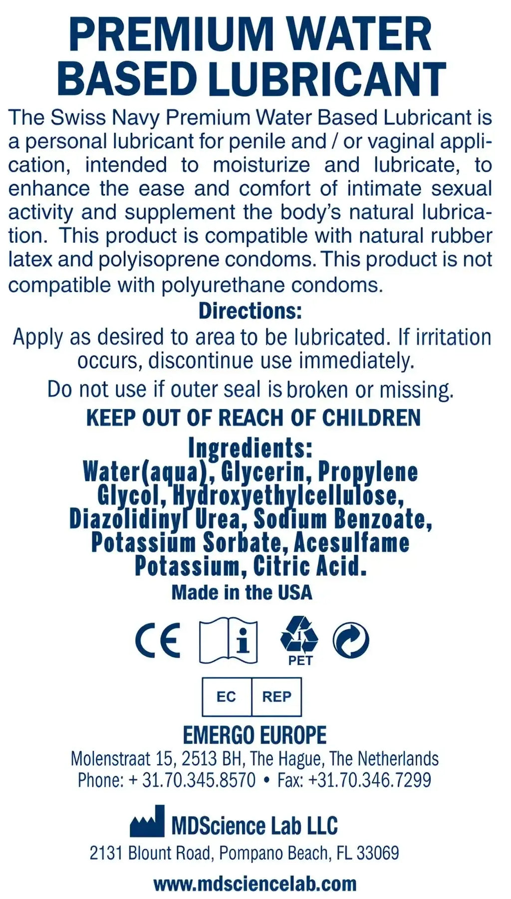 Swiss Navy arousal gel 1oz clear bottle with blue label showing ingredients and usage of water based lubricant