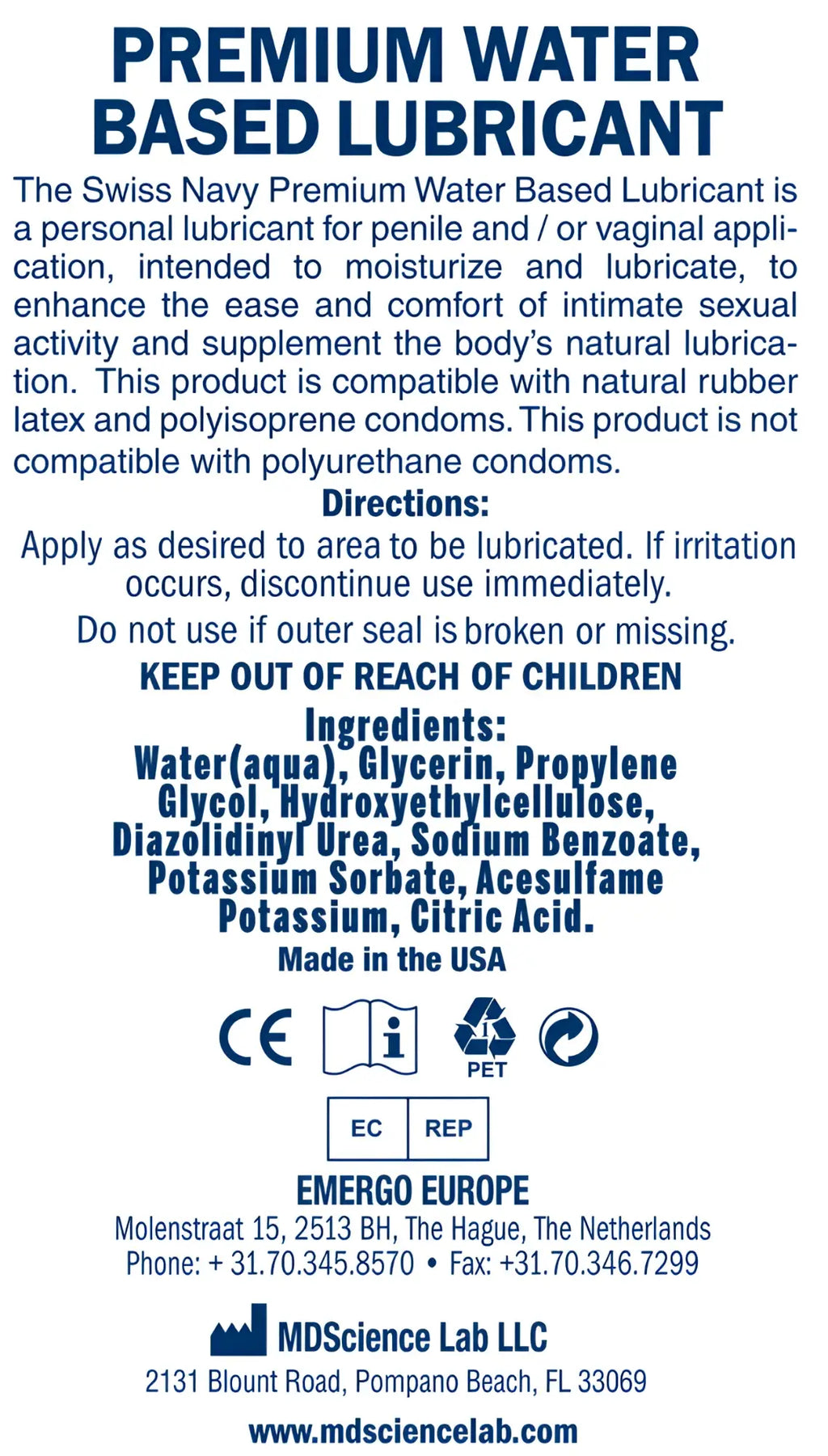 Swiss Navy arousal gel 1oz clear bottle with blue label showing ingredients and usage of water based lubricant