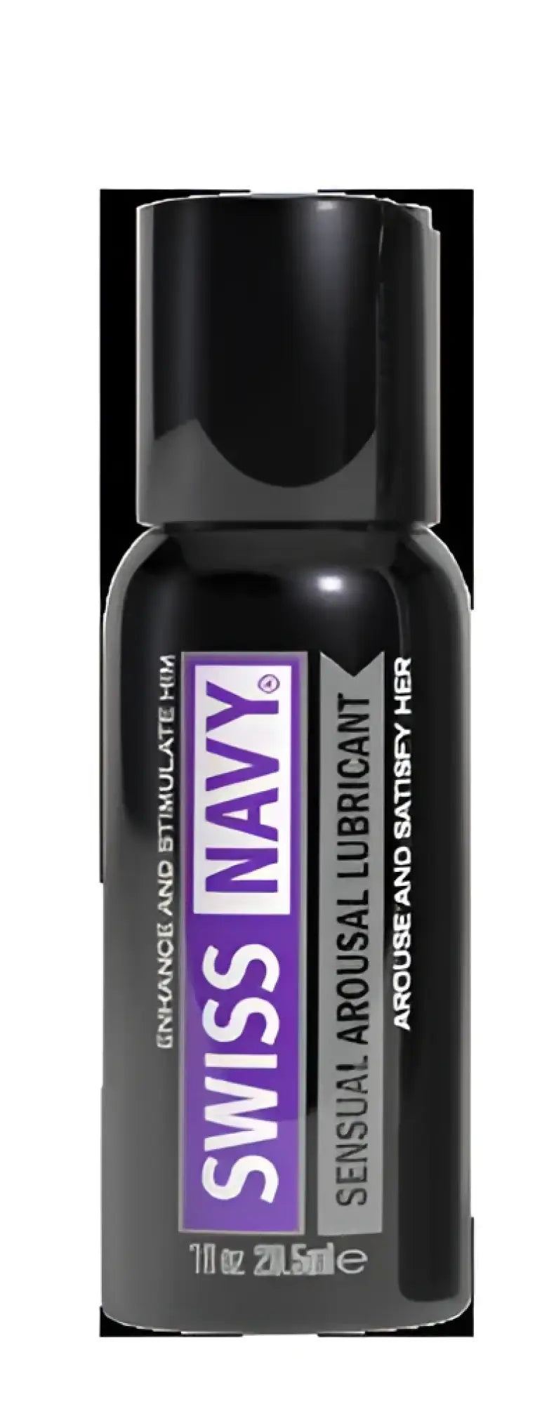 Swiss Navy arousal gel 1oz in a sleek black bottle with purple and white labeling for sensual lubrication