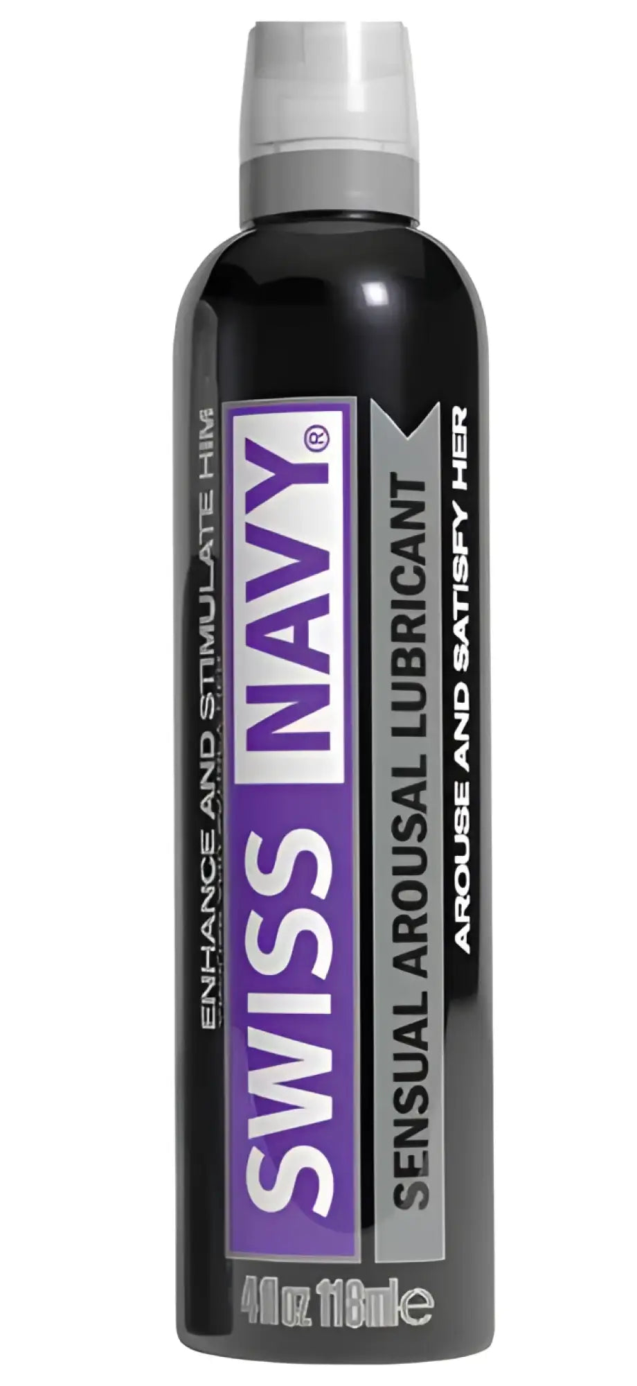 Swiss Navy arousal gel 4oz in a sleek black bottle with purple and silver labeling for sensual lubrication