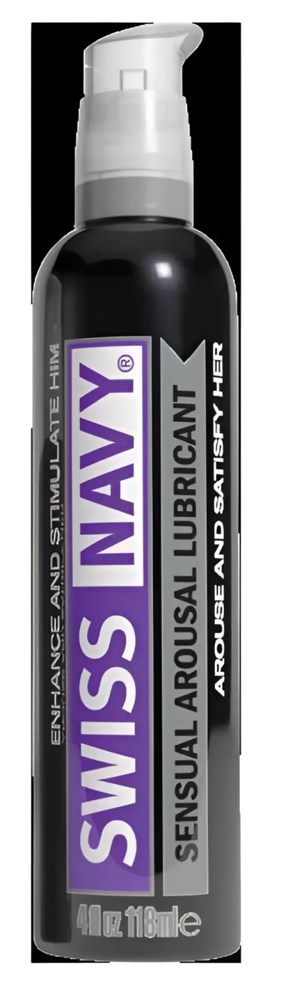 Swiss Navy arousal gel 4oz in a sleek black bottle with a white pump dispenser for sensual lubrication