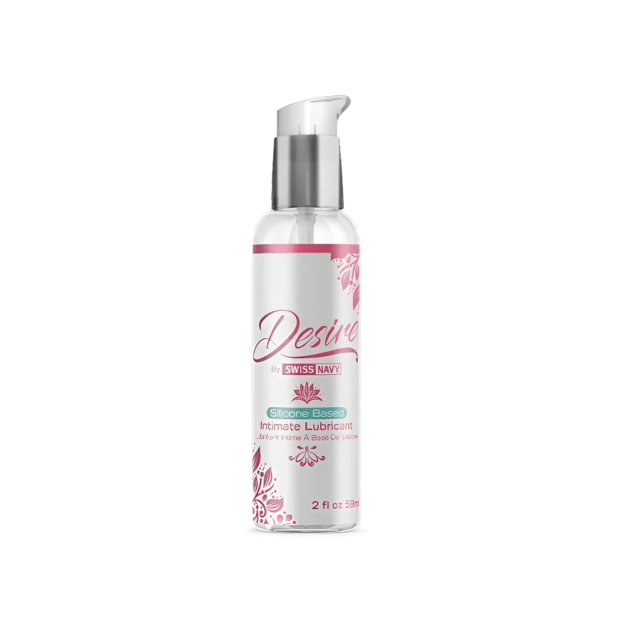 A clear bottle of Swiss Navy desire silicone based intimate lubricant with silver pump and pink floral design 2oz 59ml