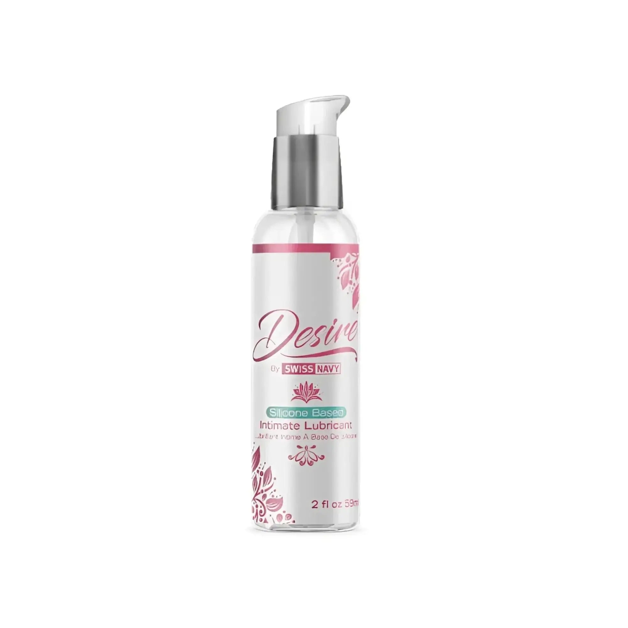 A clear bottle of Swiss Navy desire silicone based intimate lubricant with silver pump and pink floral design 2oz 59ml