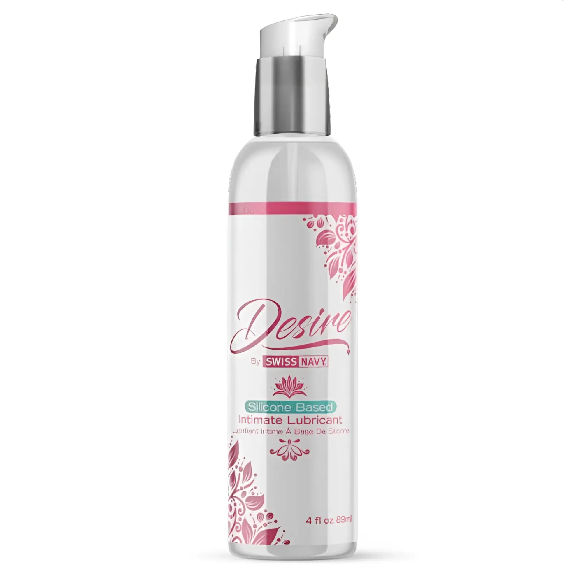 A clear bottle of Swiss Navy Desire silicone based intimate lubricant with silver pump and pink floral design 4oz