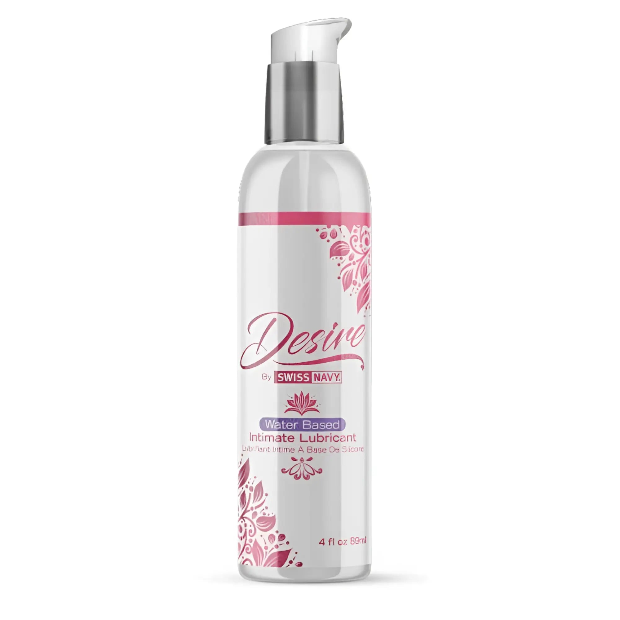 A clear plastic bottle with silver pump labeled desire by Swiss Navy water based intimate lubricant 4oz with floral design