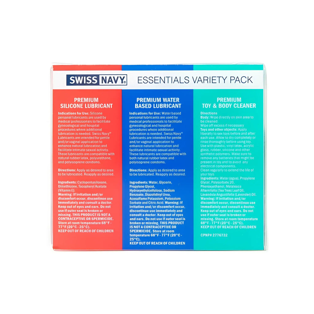 Swiss Navy essentials 30ml lubricant travel kit with three personal care products in red blue and teal packaging