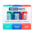 Swiss Navy essentials 30ml lubricant travel kit with three 1 fl oz green, blue, and red bottles including lubricants and toy cleaner