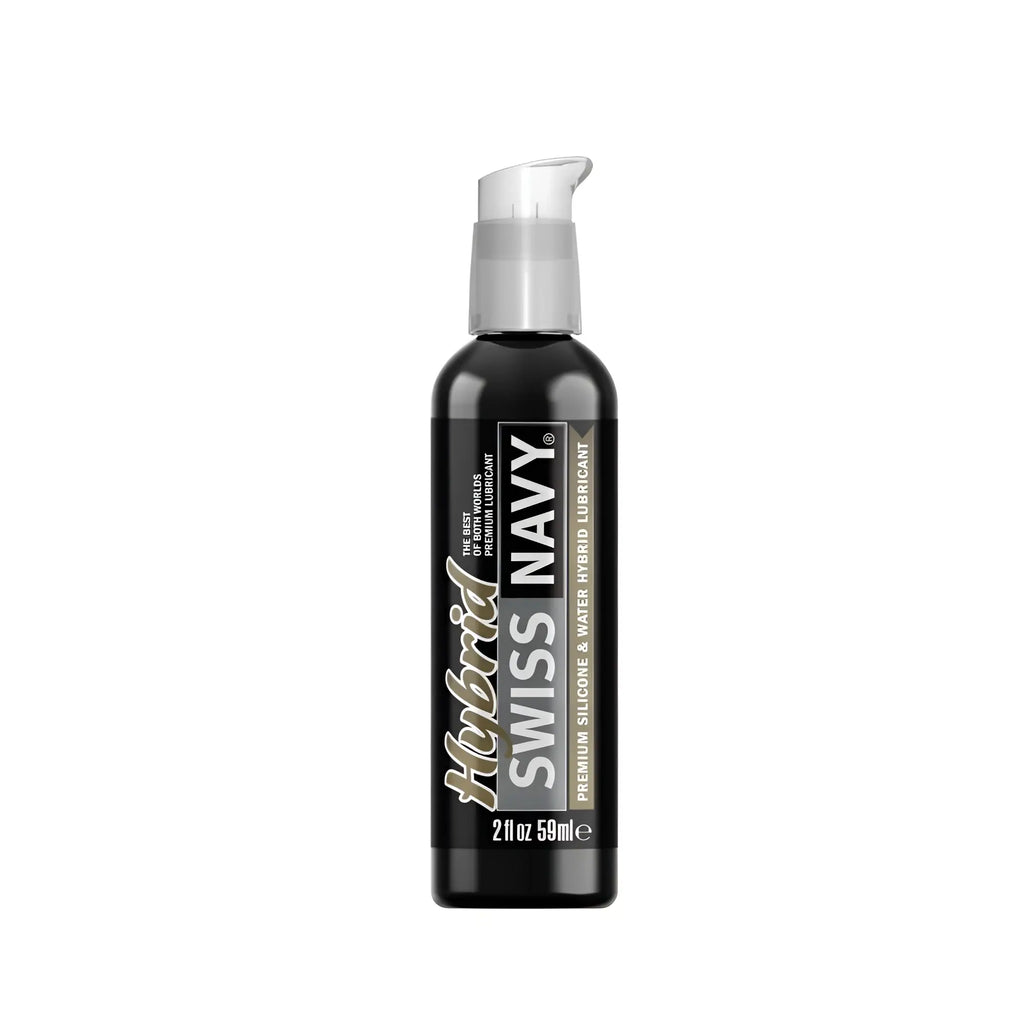Black bottle of Swiss Navy hybrid lubricant 2oz with silver pump dispenser for smooth personal use