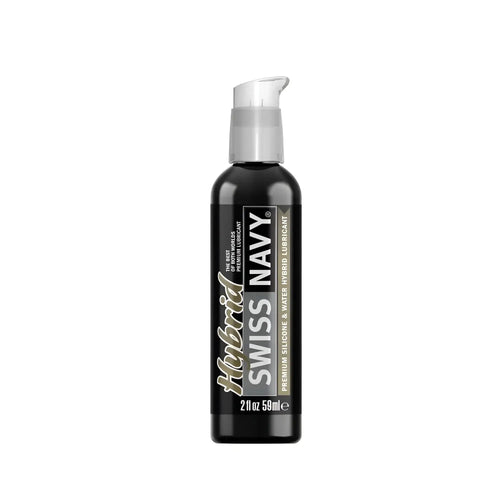 Black bottle of Swiss Navy hybrid lubricant 2oz with silver pump dispenser for smooth personal use