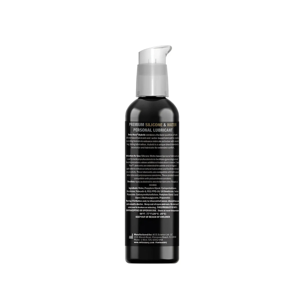 Black bottle of Swiss Navy hybrid silicone and water personal lubricant with clear pump dispenser 2oz 59ml