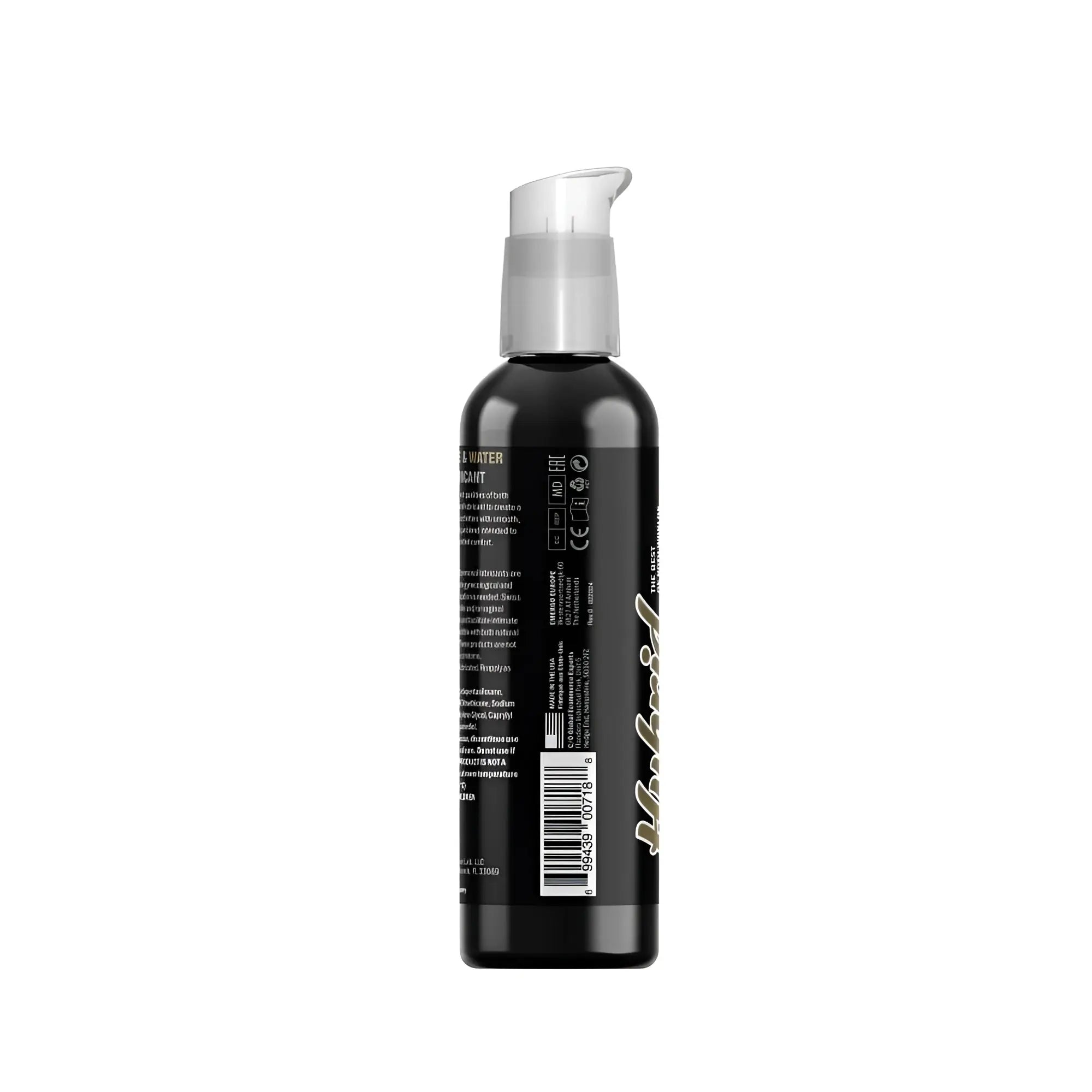 Black plastic bottle with clear pump dispenser and white cursive branding of swiss navy hybrid lubricant 2oz 59ml