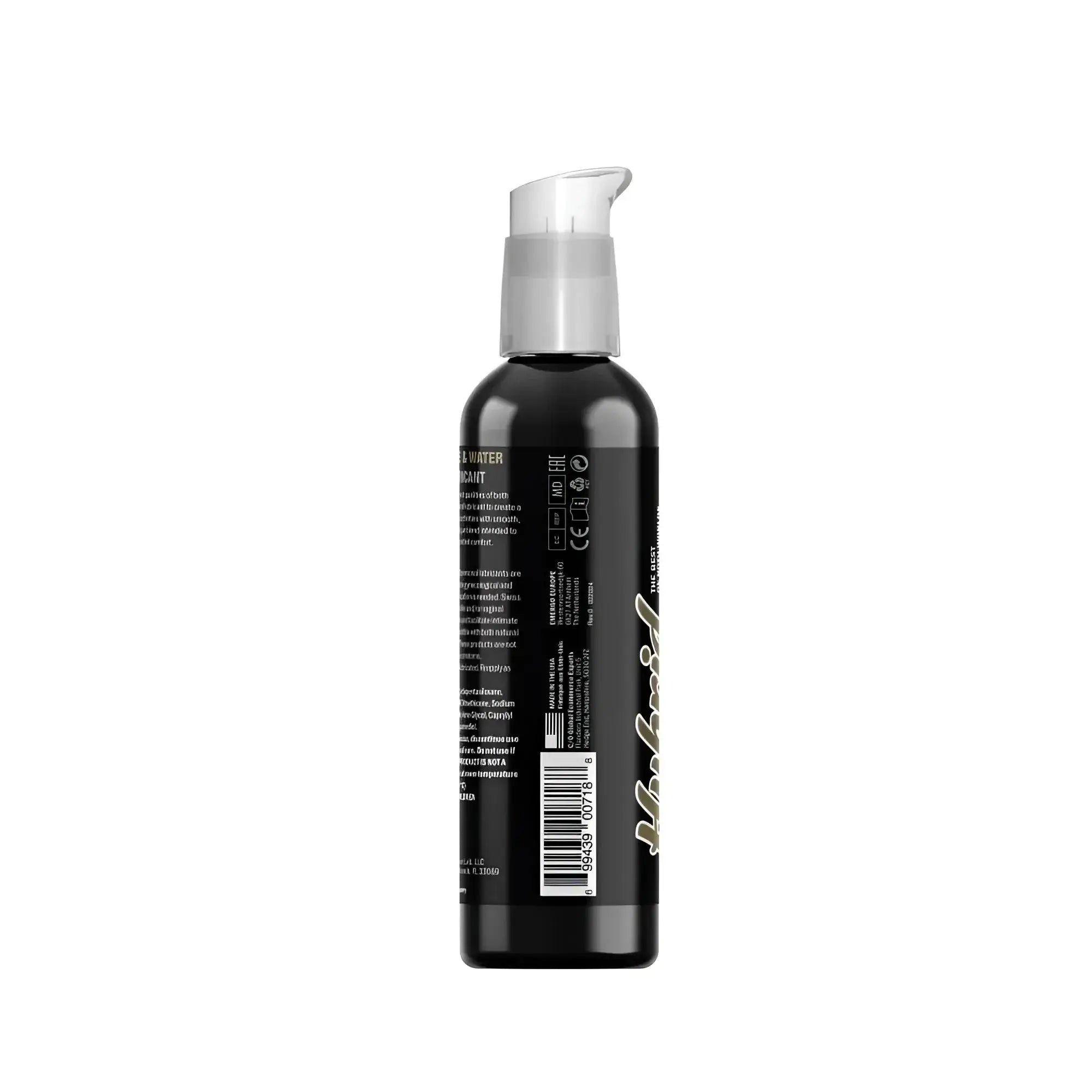 Black plastic bottle with clear pump dispenser and white cursive branding of swiss navy hybrid lubricant 2oz 59ml