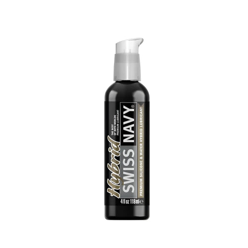 Black bottle of swiss navy hybrid lubricant 4oz with silver pump dispenser for smooth and long-lasting use