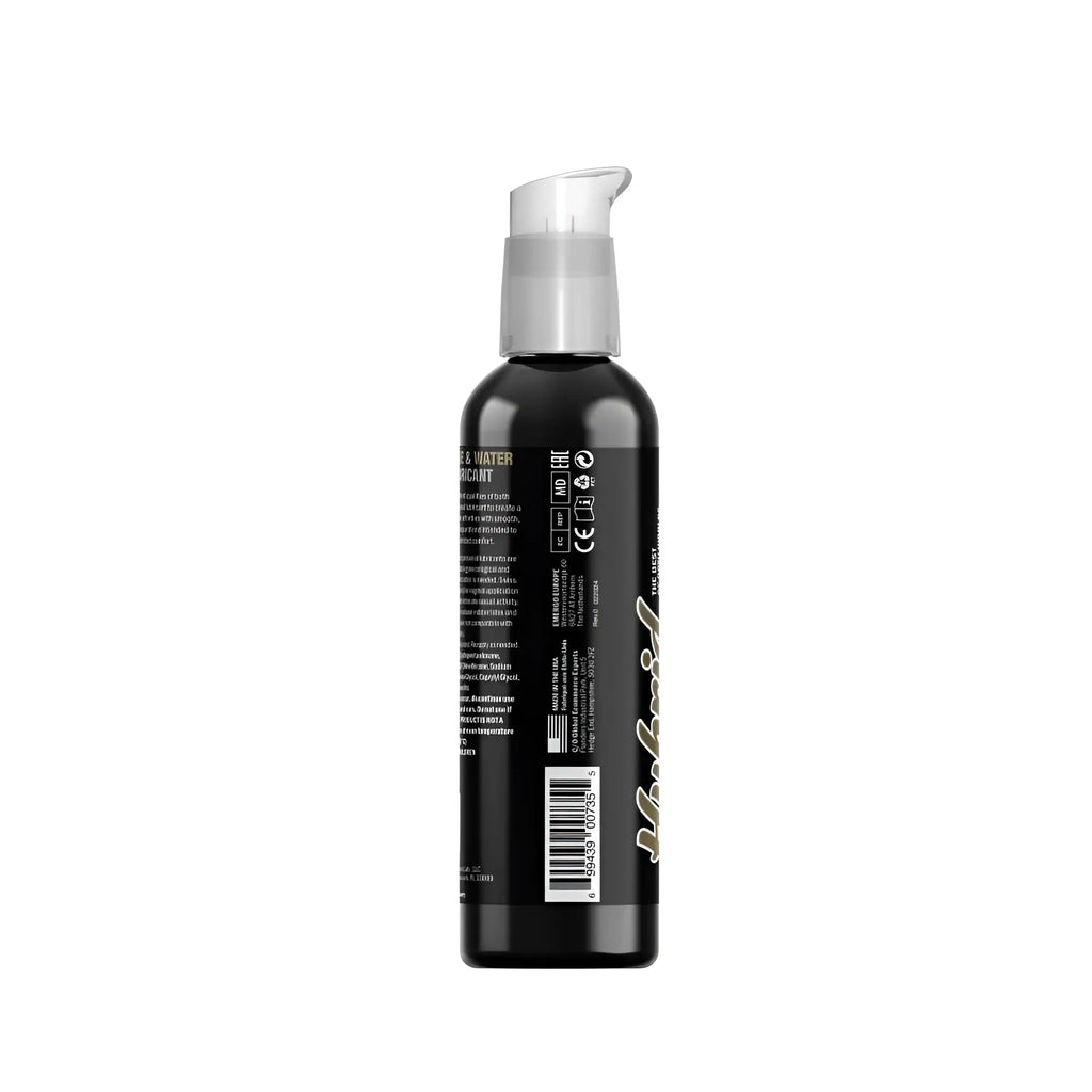Black plastic bottle of swiss navy hybrid lubricant with clear pump dispenser and white text label on the side