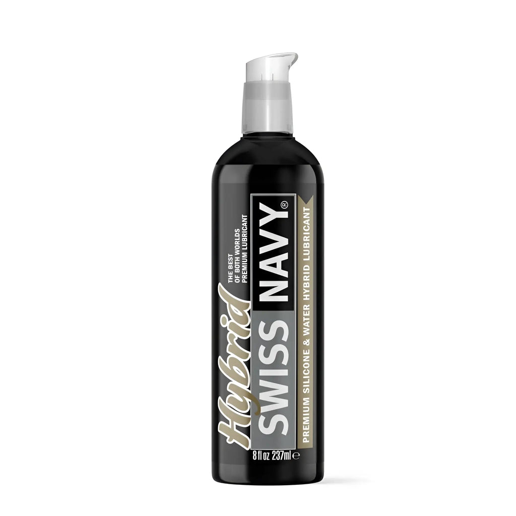 Black bottle of Swiss Navy hybrid premium silicone and water lubricant with clear pump dispenser 8oz 237ml