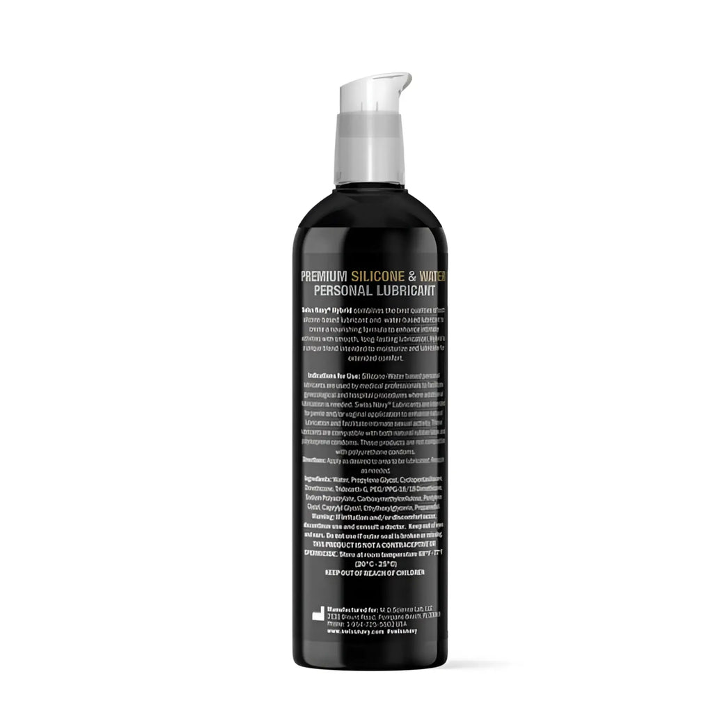 Black bottle of swiss navy sensitive skin hybrid personal lubricant with clear pump dispenser 8oz 237ml size