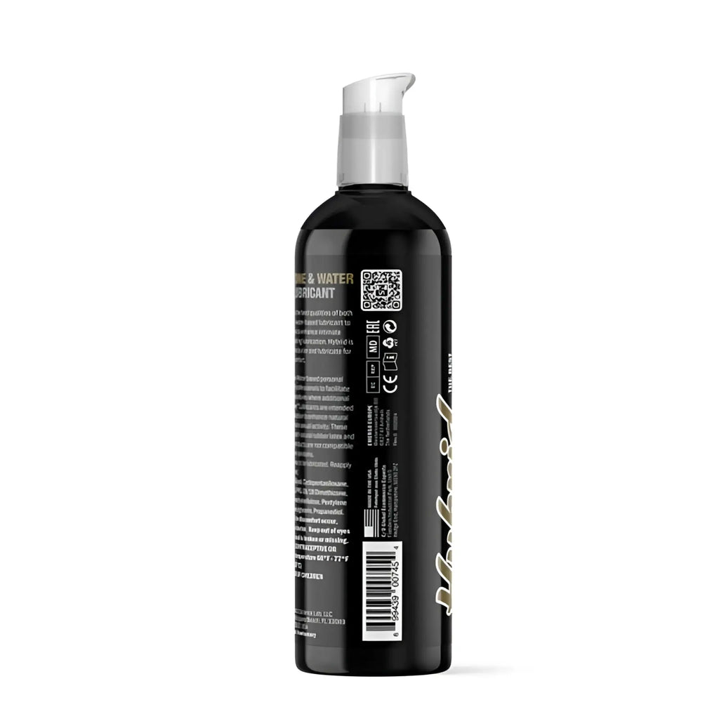 Black plastic bottle with clear pump dispenser labeled lube and water lubricant swiss navy hybrid lubricant 8oz 237ml