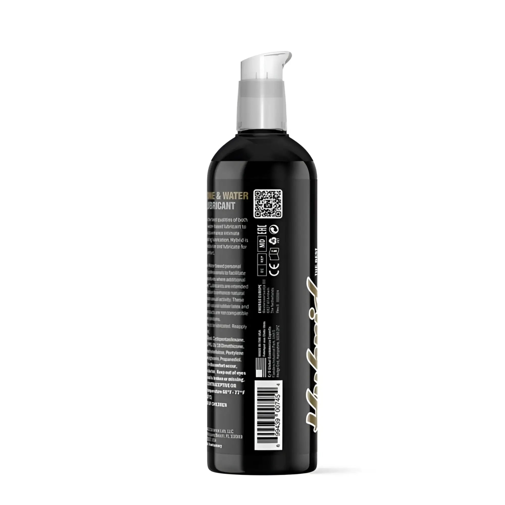 Black plastic bottle with clear pump dispenser labeled lube and water lubricant swiss navy hybrid lubricant 8oz 237ml