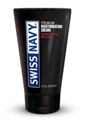 Black tube of swiss navy premium masturbation cream 5 fl oz with ribbed cap and bold white and blue branding