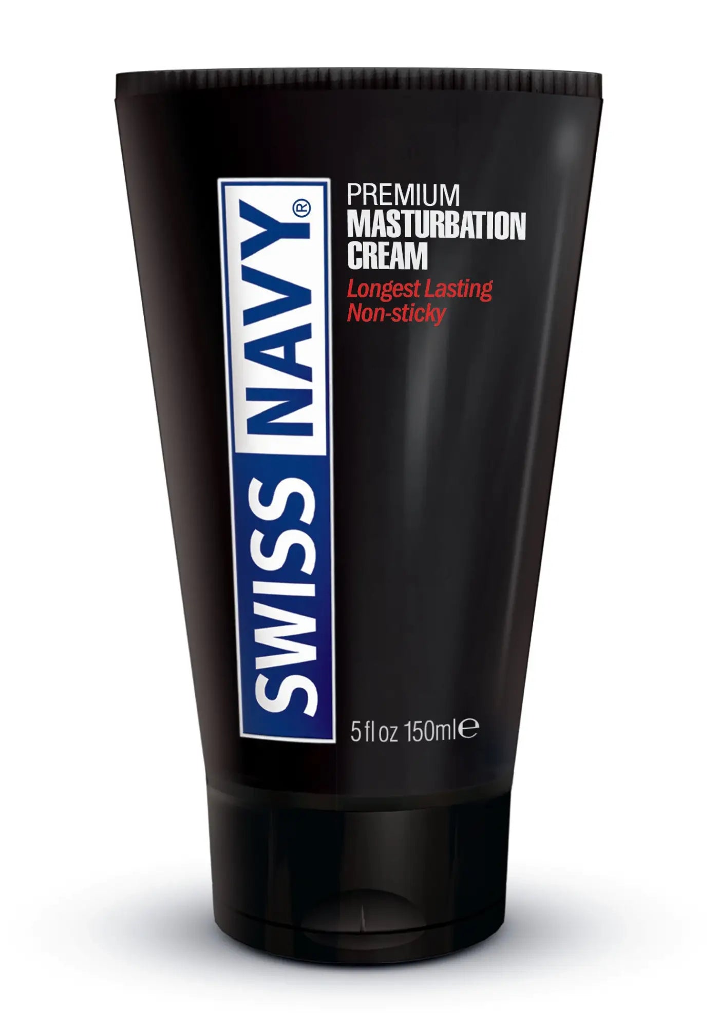 Black tube of swiss navy premium masturbation cream 5 fl oz with ribbed cap and bold white and blue branding