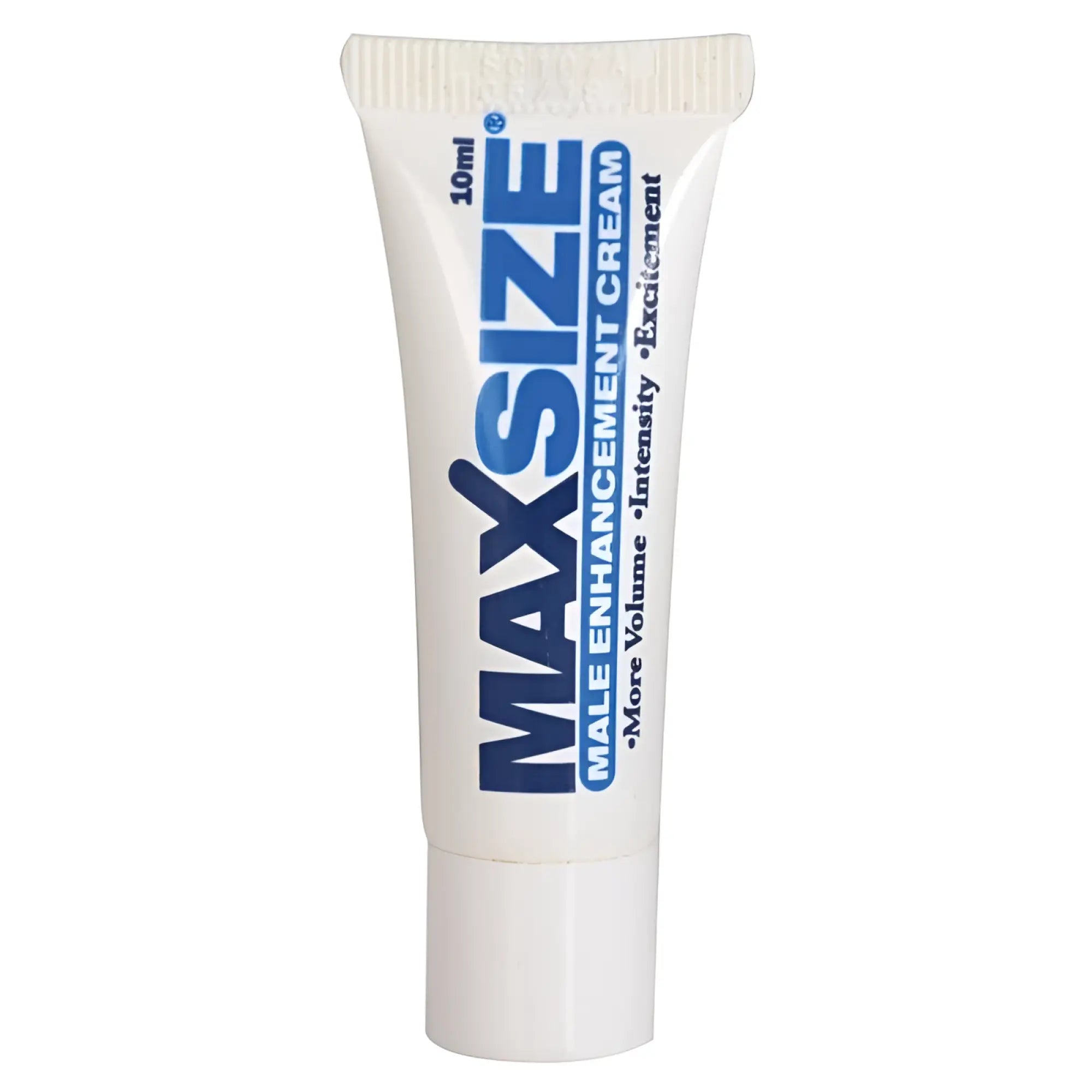 White plastic tube of swiss navy max size male enhancement cream 10ml with blue and black text labeling