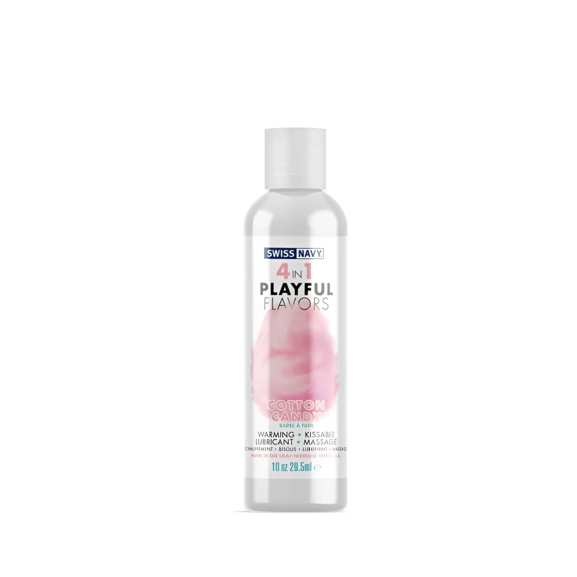 A clear plastic bottle of swiss navy playful flavours 4 in 1 cotton candy warming kissable lubricant 1oz