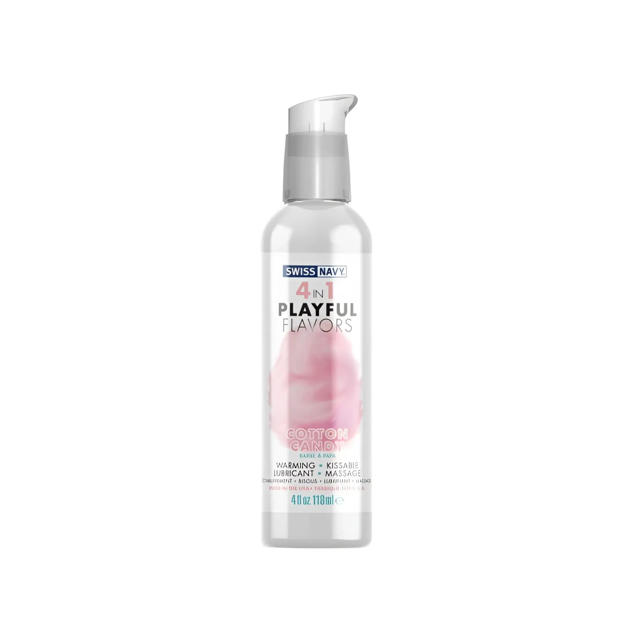 Clear plastic bottle with silver pump of swiss navy playful flavours 4 in 1 cotton candy warming lubricant 4oz