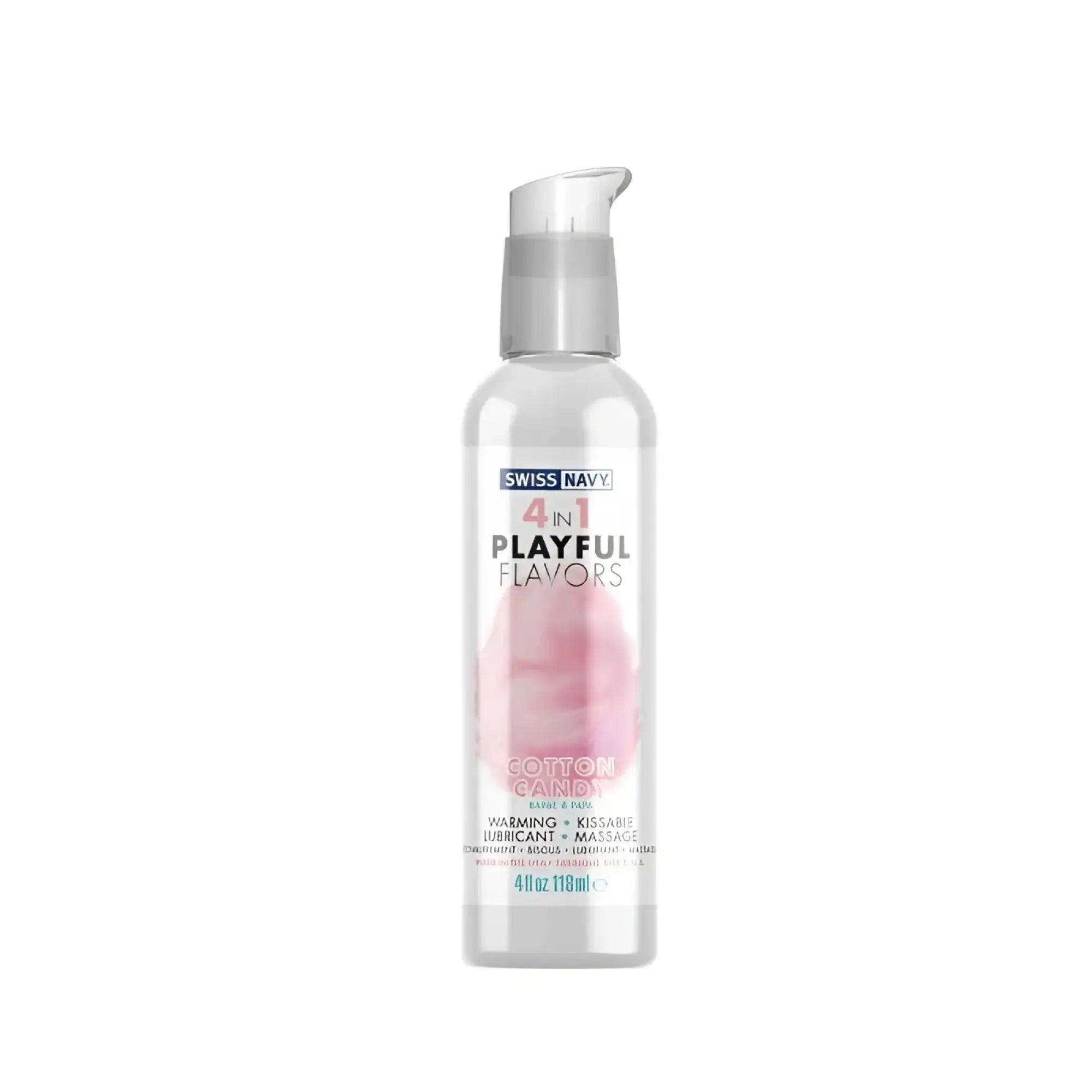 Clear plastic bottle with silver pump of swiss navy playful flavours 4 in 1 cotton candy warming lubricant 4oz