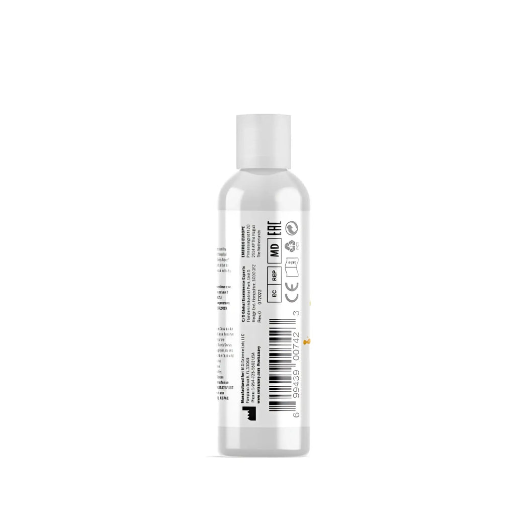 Clear plastic bottle with white cap showing regulatory symbols and barcode on the back of swiss navy playful flavours 4 in 1 mango lubricant