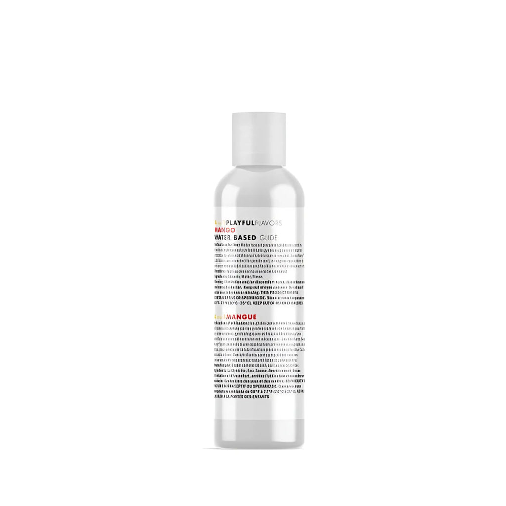Clear plastic bottle with white cap labeled mango water based glide from swiss navy playful flavours 4 in 1 mango lubricant
