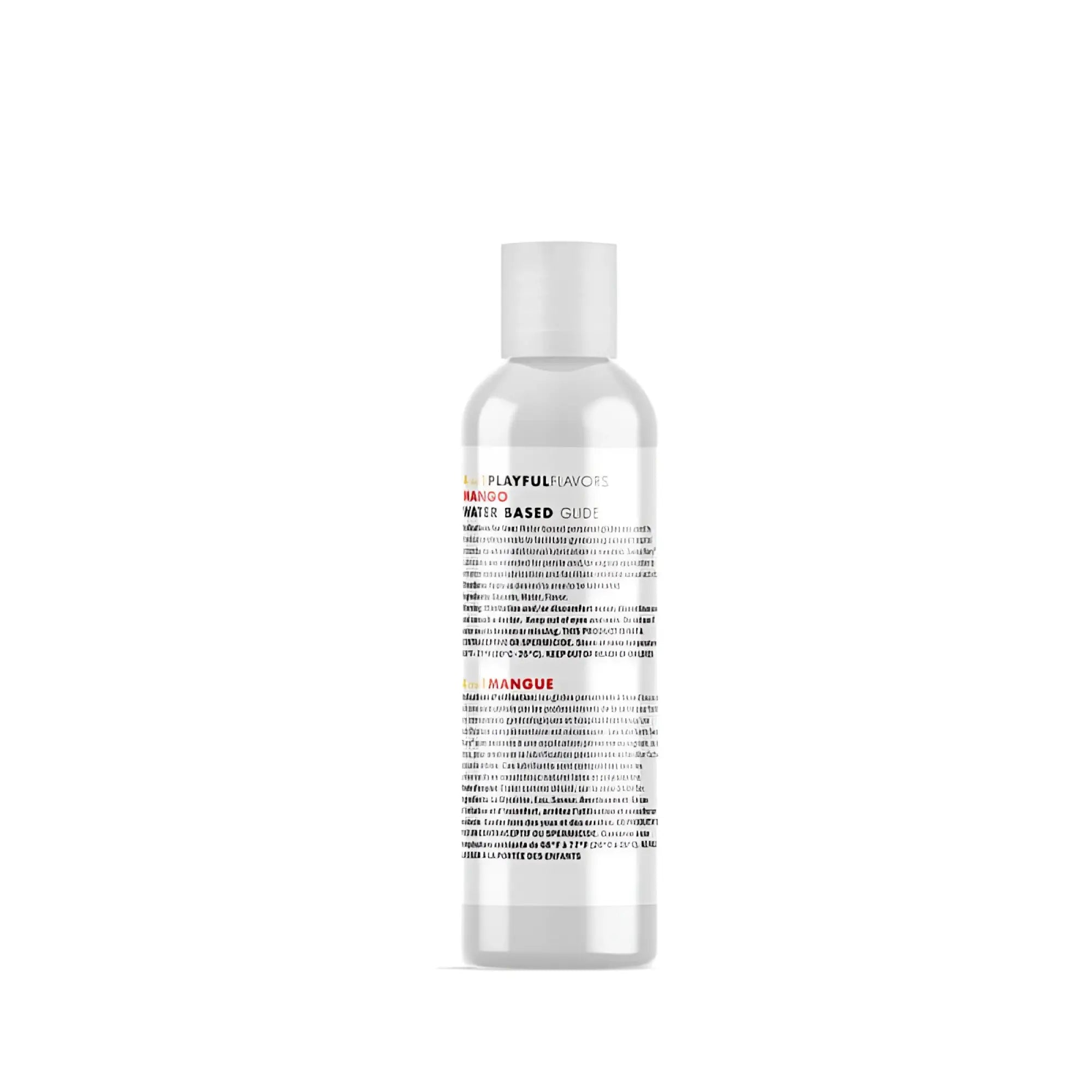 Clear plastic bottle with white cap labeled mango water based glide from swiss navy playful flavours 4 in 1 mango lubricant